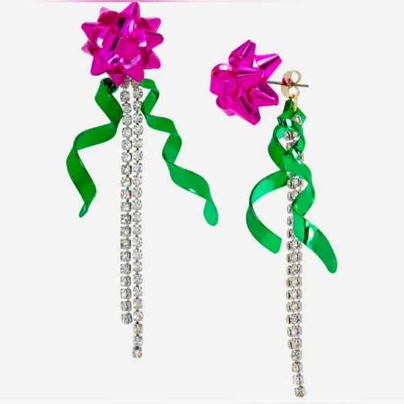 Betsey Johnson Christmas Bow Crystal Ribbon Holiday Front Back Drop Earrings NIB - Picture 4 of 16